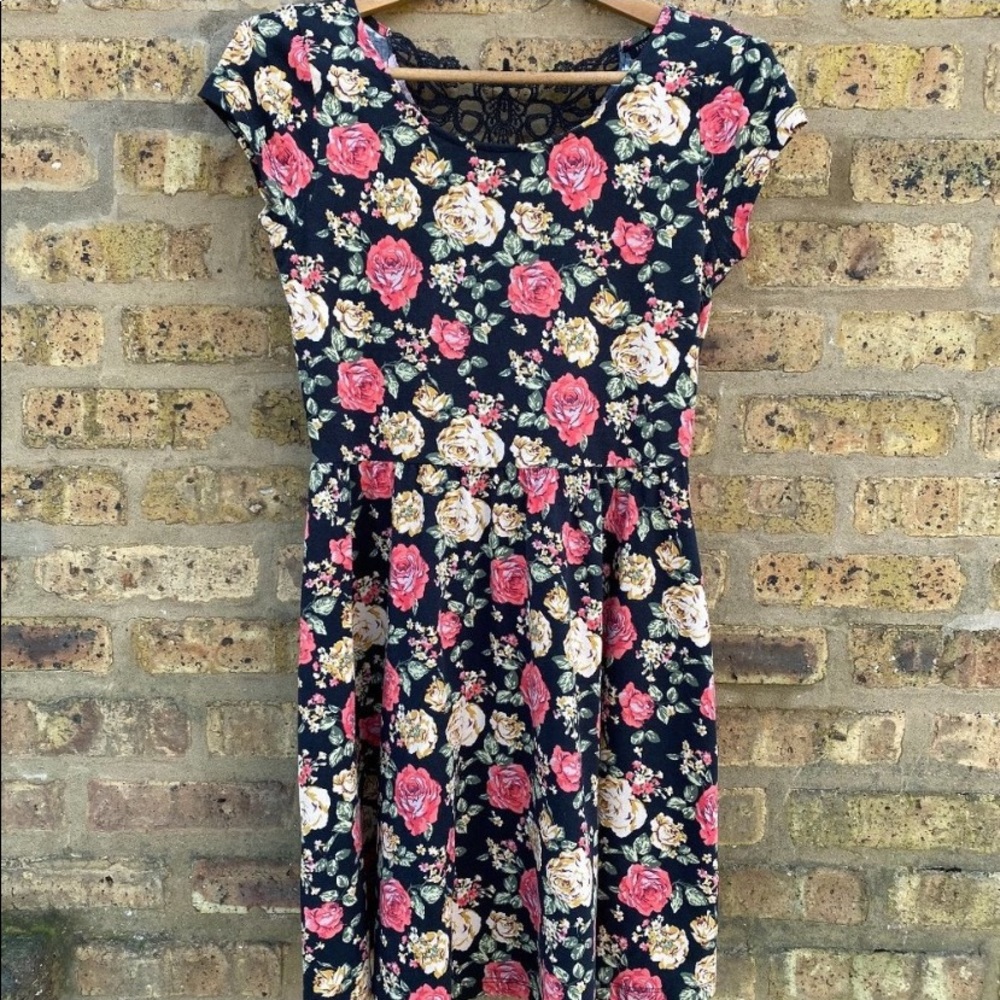 Flower Print/Black Lace Dress